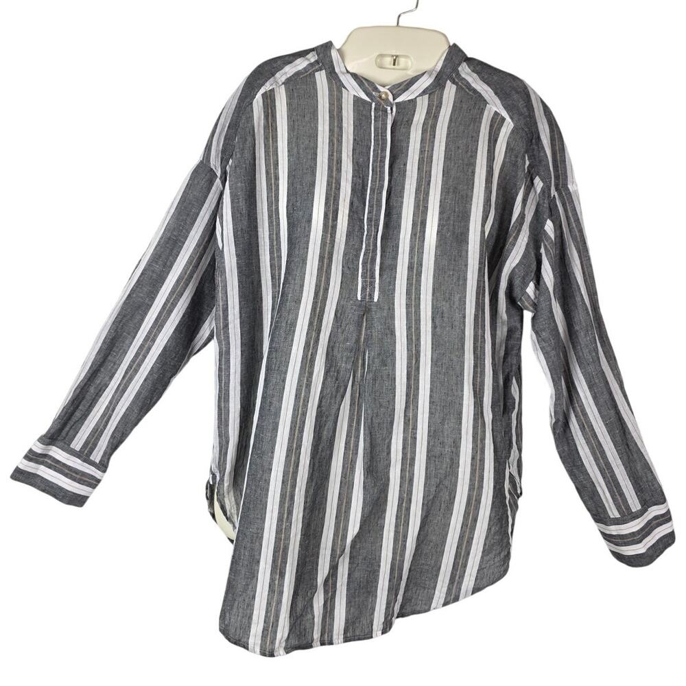 Banana Republic Linen Shirt Sz M Gray Striped Tunic Popover Top Nautical